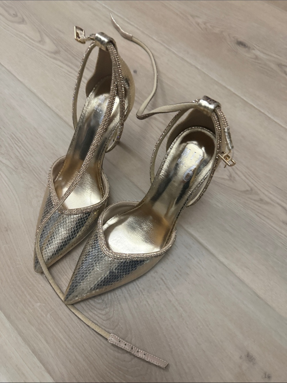 Gold Pointed-Toe Ankle Strap Women's Heels